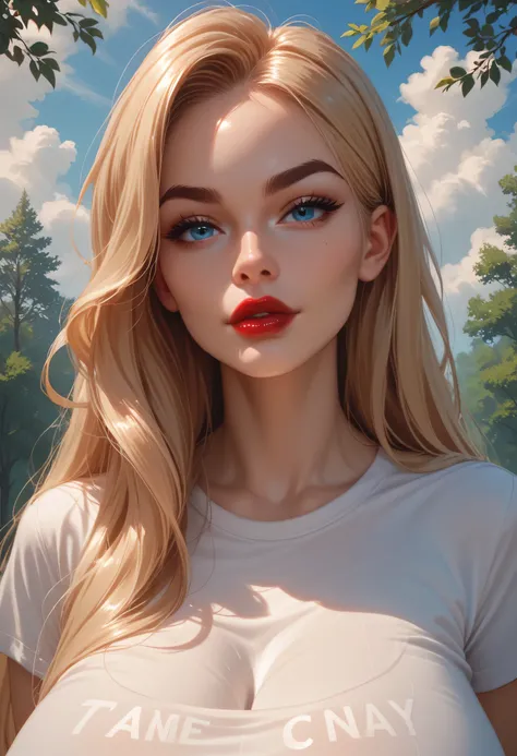 ((perfect face)), blonde hair, very long hair, brown eyebrows, thin eyebrows, blue eyes, black eyeliners, nose, thick lips, red lips, beautiful face, (huge breasts), white t-shirt, looking at viewer, trees, cloud sky