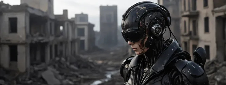A biopunk woman stalks the ruins of a bombed city far below. She is half machine, half woman, is heavily battle damaged, the areas that are still skin bloody and sweating. The lighting is very dark, the subtle LED of her armor casting shadows that accentua...