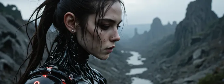 A biopunk woman stalks the ruins of a bombed city far below. She is half machine, half woman, is heavily battle damaged, the areas that are still skin bloody and sweating. The lighting is very dark, the subtle LED of her armor casting shadows that accentua...