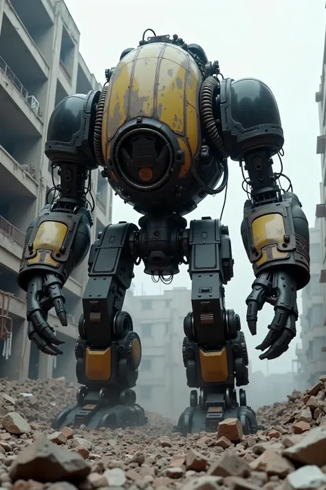 Concept art d’une solide machine robotisée massive et de très grande taille créée pour travailler sur un chantier de démolition et abattre des bâtiments insalubres; design très fonctionnel et utilitaire; épais blindage noir et jaune; pas de câble apparent;...