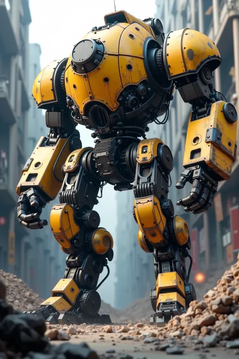 Concept art d’une énorme machine robotisée de très grande taille conçue pour travailler sur un chantier de démolition et détruire des bâtiments insalubres; design très fonctionnel et utilitaire; blindage noir et jaune; articulations mécaniques visibles; gr...