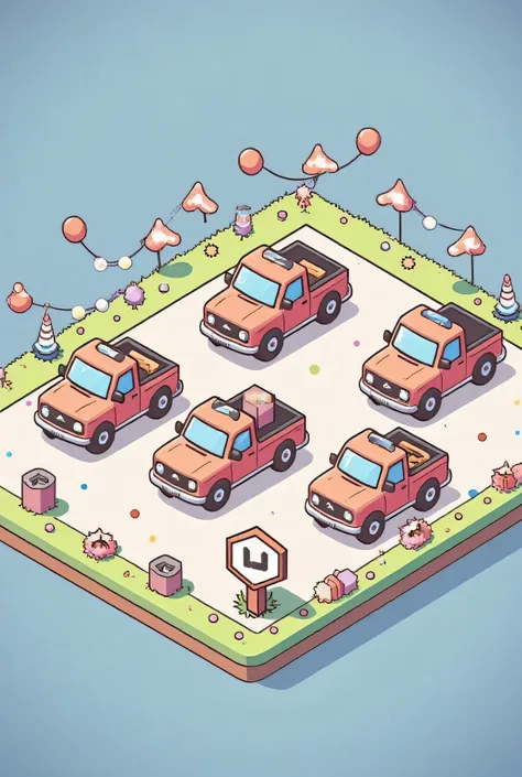(ISOMETRY, top view), game location, pickup truck is driving on the road, the car can be seen in large quantities, icon for mobile game, cute, Miniature squares, clarity and high quality