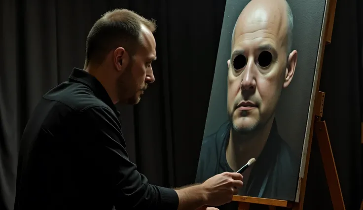 The artist sits in front of his painting, his face expresses deep concentration and tonality. He looks closely at the portrait, which depicts the face of a man with missing eyes — black instead. Suddenly, with a sharp movement of the brush, he runs across ...