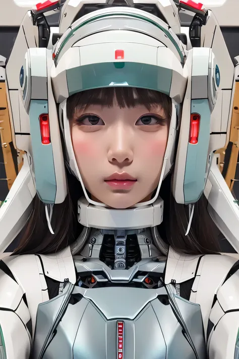 masterpiece, best quality, extremely detailed,portrait,upper body,front view,Japaese android girl,Plump, control panels,android,Droid,Mechanical Hand, Robot arms and legs,Blunt bangs,long tube,thick cable connected her neck,
