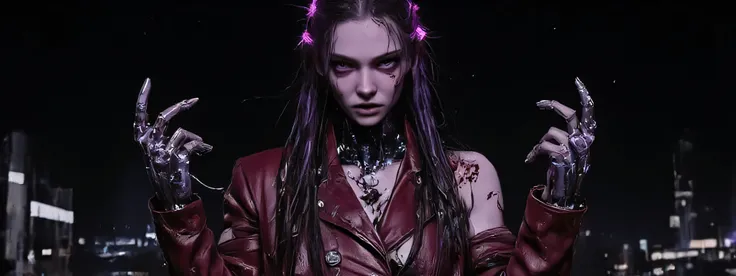 The image depicts a post-apocalyptic and artistic representation of a full body android with an intriguing blend of organic and mechanical elements. She is severely injured, bleeding from cuts and scrapes and a gunshot wound to her shoulder. Her expression...