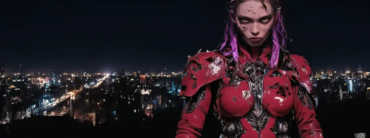 The image depicts a post-apocalyptic and artistic representation of a full body android with an intriguing blend of organic and mechanical elements. She is severely injured, bleeding from cuts and scrapes and a gunshot wound to her shoulder. Her expression...