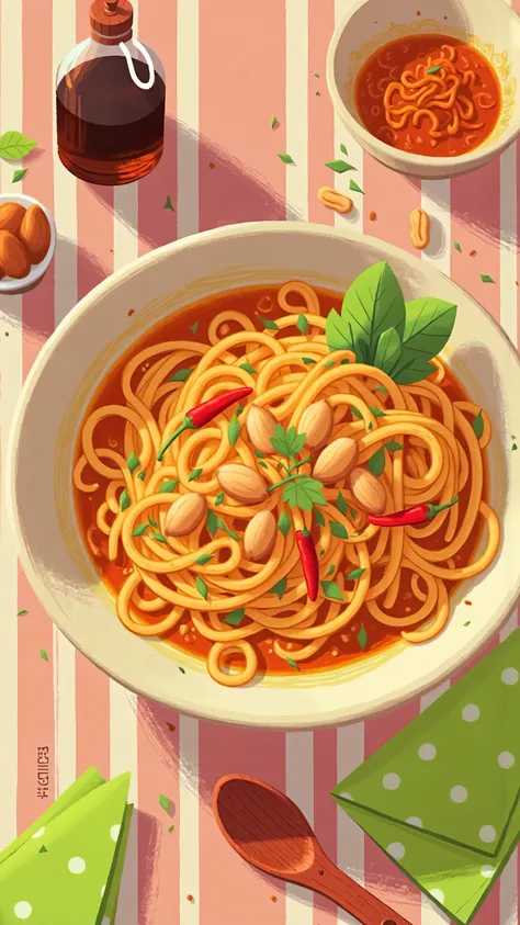 Close-up from above,聚焦一bowl令人垂涎的中式辣面; noodles (金黄碱水 noodles 缠绕成完美螺旋状,with amber-colored chili oil on the surface(Reflective texture),Ingredients include fried peanuts(Caramel )、Minced pepper(When bright red )、Coriander leaves(emerald green with water dropl...