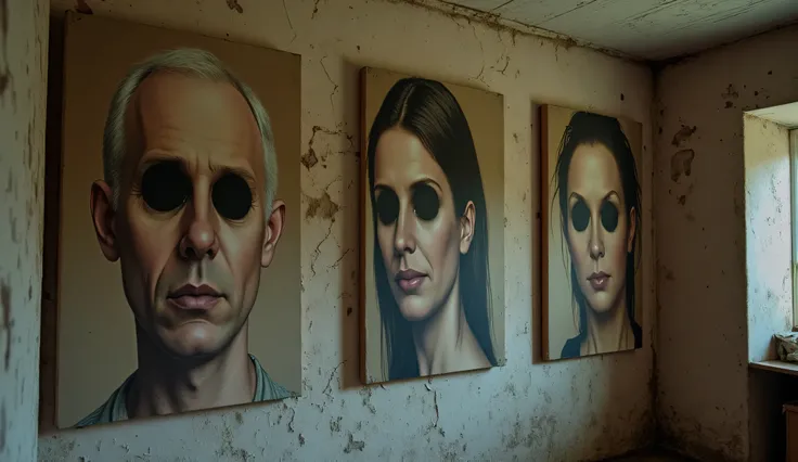 One wall of the old artist's dirty and poor studio. The wall is covered with cracked plaster, dirty spots and paint marks. It has several portraits of people in a chaotic order. On each portrait, the face, all the features are clearly spelled out, but the ...