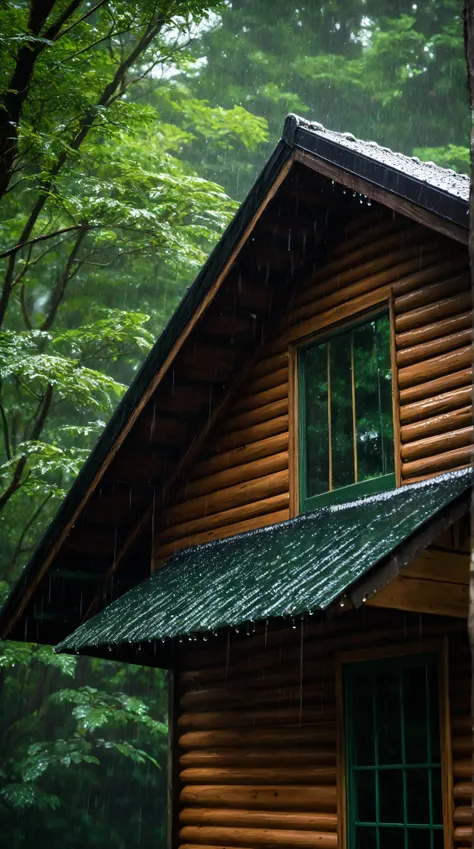 {
"prompt": "A hyper-realistic close-up scene of the roof eaves of a small wooden cabin in a forest, with individual raindrops clearly visible as they fall from the edge. The rain is steady, and the droplets hang momentarily before dropping onto the damp...