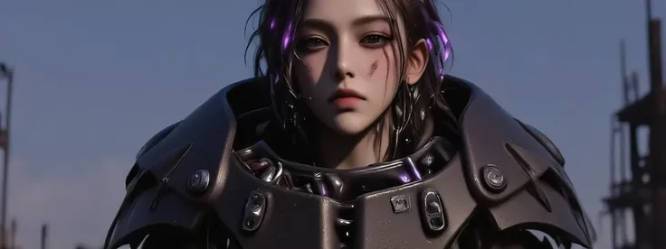 A woman repairing her X-01 power armor. The X01 is badly damager, and she is severely injured, bleeding from cuts and scrapes. Her expression is grim, adding to a sense of power in the image. She has dreadlocks with neon purple lights at the tips. The over...