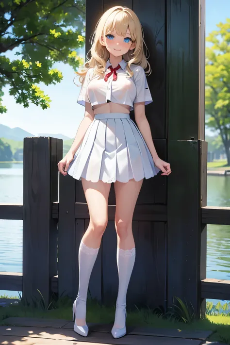 Best quality, full body focus, full body shot, perfect face, soft light, ultra high res, 8k, Masterpiece, , , view the viewer, full body , Front view, (1girl:loli:0.9), , Cute face, (blue eyes:1.5), (Light Blonde wavy Medium  hair, Bangs), beautiful (Big b...