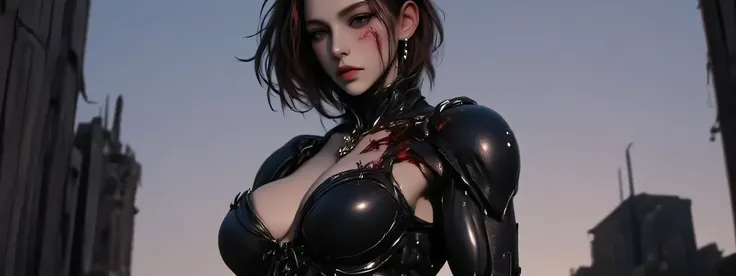 A woman in power armor and leather body suit, full body side profile. She is severely injured and bleeding, her suit is ripped and her power armor is broken and nearly destroyed. Her expression is grim, adding to a sense of power in the image. She has shor...