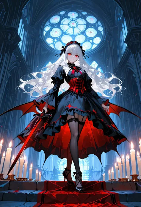A model shot of an exquisite beautiful goth olo female vampire, ultra feminine, full body, busty woman, most beautiful face, glowing red eyes, long hair, wavy hair, wearing red silk corset, black stockings, wearing intricate high heels, in her castle, ho...