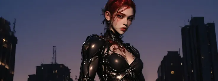 A woman in power armor and leather body suit, full body side profile. She is severely injured and bleeding, her suit is ripped and her power armor is broken and nearly destroyed. Her expression is grim, adding to a sense of power in the image. She has shor...