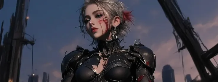 A woman in power armor and leather body suit, full body side profile. She is severely injured and bleeding, her suit is ripped and her power armor is broken and nearly destroyed. Her expression is grim, adding to a sense of power in the image. She has spik...