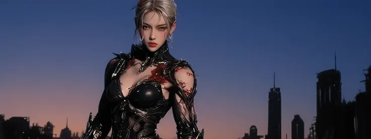 A woman in power armor and leather body suit, full body side profile. She is severely injured and bleeding, her suit is ripped and her power armor is broken and nearly destroyed. Her expression is grim, adding to a sense of power in the image. She has spik...