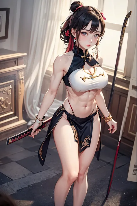 One girl, young girl, dragon scale pattern, ((breast curtain, loincloth)), semi realistic, pale skin red blushing cheeks, (((abs, muscular, biceps))), full body, (holding a katana), barefeet, dark clouds, red moon, gloomy, sleeveless, cleavage cutout, (((b...