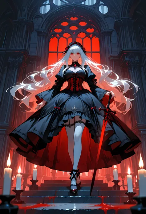  A model shot of an exquisite beautiful  goth olo female vampire, ultra feminine, full body, busty woman, most beautiful face, glowing red eyes, long hair, wavy hair, wearing red silk corset, white stockings, wearing intricate high heels, in her castle, ho...