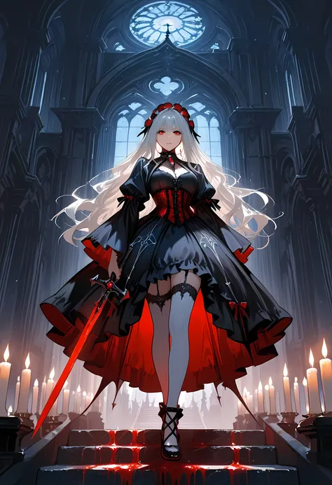  A model shot of an exquisite beautiful  goth olo female vampire, ultra feminine, full body, busty woman, most beautiful face, glowing red eyes, long hair, wavy hair, wearing red silk corset, white stockings, wearing intricate high heels, in her castle, ho...