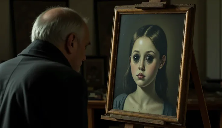 close-up: old, , the cracked easel, on which there is a portrait of a girl. Her face is drawn in detail, but instead of his eyes there are two deep black holes, ominous standing out against fair skin. The camera focuses on this scary, in a blank glance. Пе...