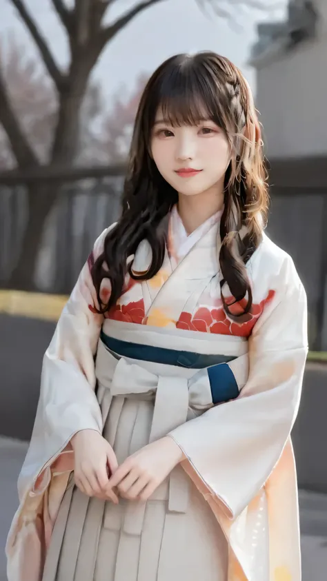 Japanese woman、 20th generation、 University graduation ceremony 、yaguri pattern on hakama、Cherry blossom trees、style、university auditorium in the background、I hold my diploma with both hands、black hair、long hair、Wind Fluttering Hair、holding down my hair th...