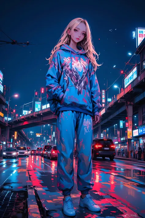 High-resolution anime-style illustration、Bold painterly textures、Cinematic night lights。A beautiful young woman stands on the side of a busy highway,the lights of cars and tail lights fly past on the highway,leave a blurry trail〼behind her skyline —— Refle...