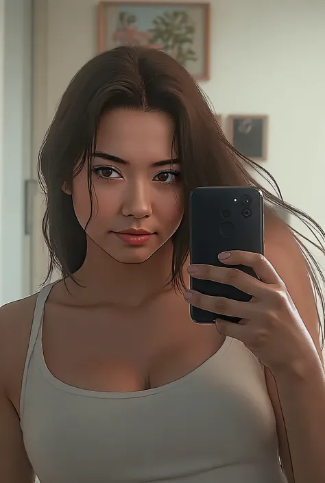 Girl with dark brown hair, her face is a little pink with blush, taking pictures of her body for Instagram, in a white outfit and denim shorts