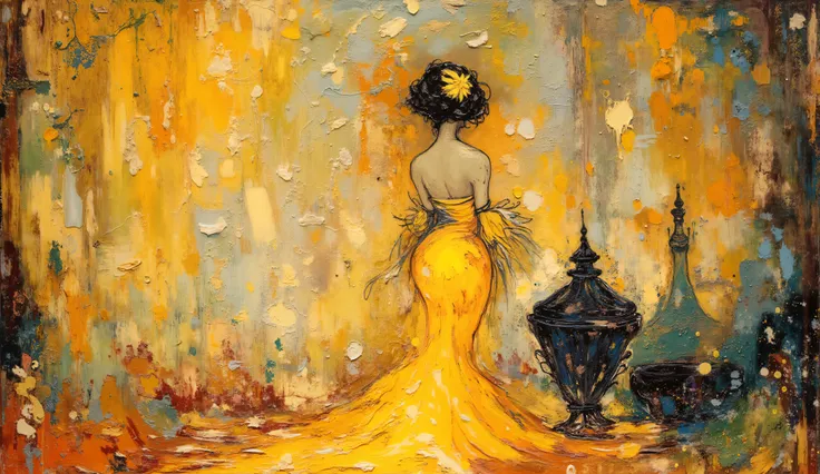 oil painting, impressionism,
a painting of a woman in a dress walking next to a flower pot, linda yellow woman, elegant oil painting, expressive and beautiful painting, inspired by Olha Darchuk , elegant and refined painting, lady wearing yellow dress ,...