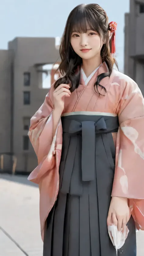 Japanese woman、 20th generation、 University graduation ceremony 、yaguri pattern on hakama、Cherry blossom trees、style、university auditorium in the background、I hold my diploma with both hands、black hair、long hair、Wind Fluttering Hair、holding down my hair th...
