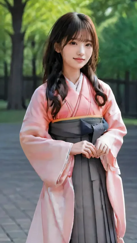 Japanese woman、 20th generation、 University graduation ceremony 、yaguri pattern on hakama、Cherry blossom trees、style、university auditorium in the background、I hold my diploma with both hands、black hair、long hair、Wind Fluttering Hair、holding down my hair th...
