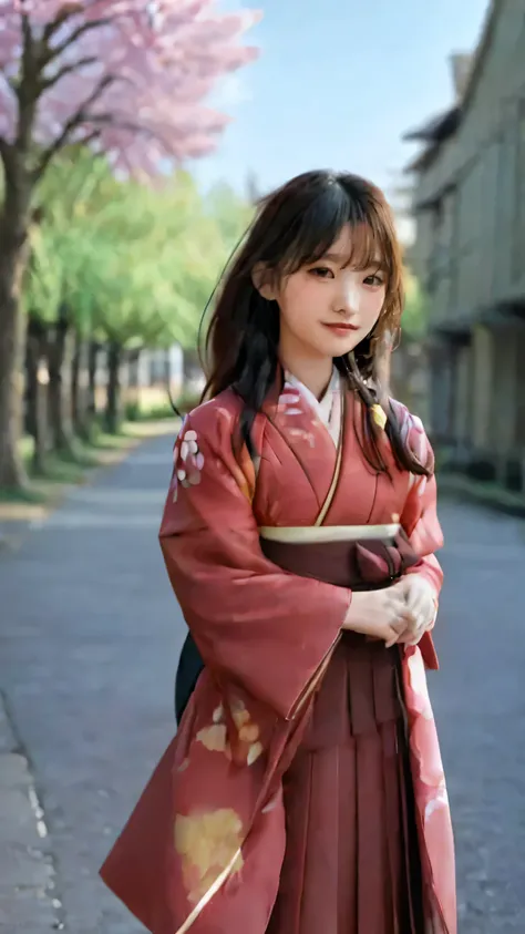 Japanese woman、 20th generation、 University graduation ceremony 、yaguri pattern on hakama、Cherry blossom trees、style、university auditorium in the background、I hold my diploma with both hands、black hair、long hair、Wind Fluttering Hair、holding down my hair th...