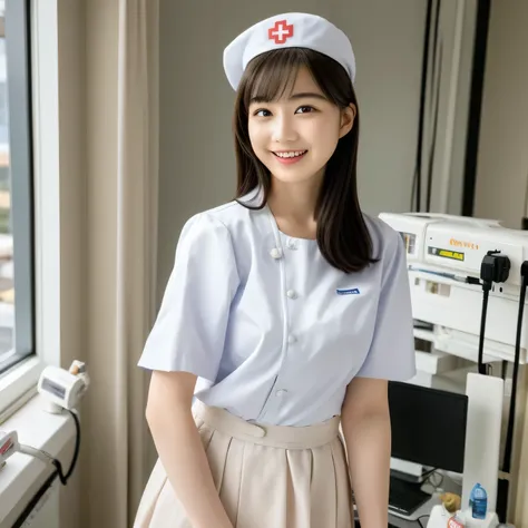 A breathtakingly beautiful 20-year-old woman stands in a warmly lit hospital room, dressed in a white mini-skirt nurse uniform with a matching cap. Her shy smile adds a touch of charm, while the surrounding medical equipment and furnishings create an authe...