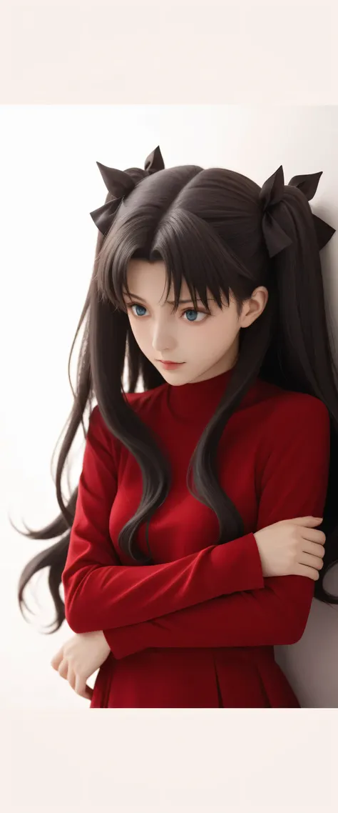 Masterpiece, best quality, Beautiful girl with long hair and a red shirt leaning against a wall, rin tohsaka,like fate/stay night, super details, high quality, high detail, best quality, 16K, high contrast