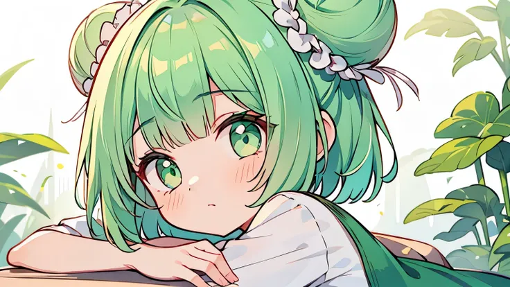 1 girl, top quality, masterpiece, mint green hair, bob cut, ((2 buns on side of head)), mint green eyes, delicate eyes, cute, pop