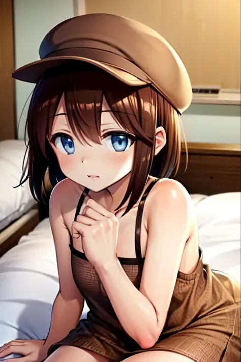Helga Haruka, blue eyes, brown hair, short hair, Brown hat, school buruma , 1 girl, shy face ,love hotel,bed,perfect anatomy 