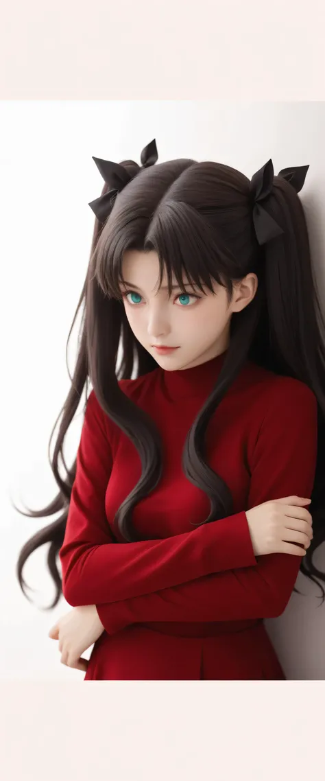 Masterpiece, best quality, a young woman with turquoise eyes and long, wavy black hair in a two-sided hairstyle, part of which is tied with a black ribbon, while most of her hair is left loose.Beautiful girl with long hair and a red shirt leaning against a...