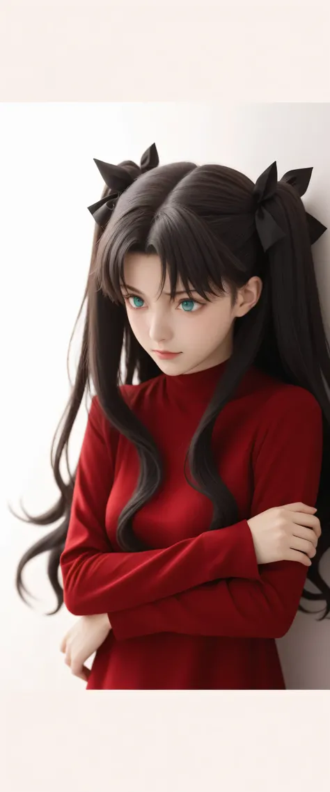 Masterpiece, best quality, a young woman with turquoise eyes and long, wavy black hair in a two-sided hairstyle, part of which is tied with a black ribbon, while most of her hair is left loose.Beautiful girl with long hair and a red shirt leaning against a...