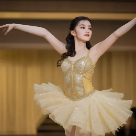 Depict a 20-year-old, exquisitely beautiful ballerina performing on a grand theater stage. She wears a delicate and intricately designed tutu, its soft fabric flowing with every movement. Her posture is impeccable, one leg extended in a perfect arabesque, ...