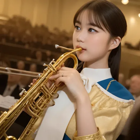 Depict a 20-year-old, dazzlingly beautiful woman playing a brass instrument in a grand concert hall. She wears an elegant yet practical band uniform, designed with intricate gold embroidery. Her posture is poised, fingers positioned with precision, her eye...