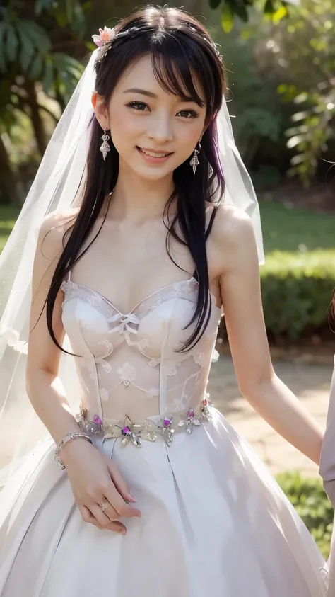 Wedding Dress , Lavender ,Flower ,Transparency ,Light , female in her 20s ,In nature ,Small breasts , Rainbow  , hair flower,  smiles,  Half Up Hairstyle,  crystal earrings,  glitter effect, wind