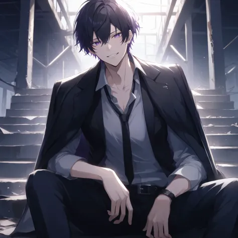 one man laughing faintly,  beautiful men, (( short black hair:1:1)), black suit jacket, black suit trousers、Black leather belt , purple eyes, A powerful gaze, Disingenuous Representation, ((raise her chin)), My mouth rises just a little, condescending expr...