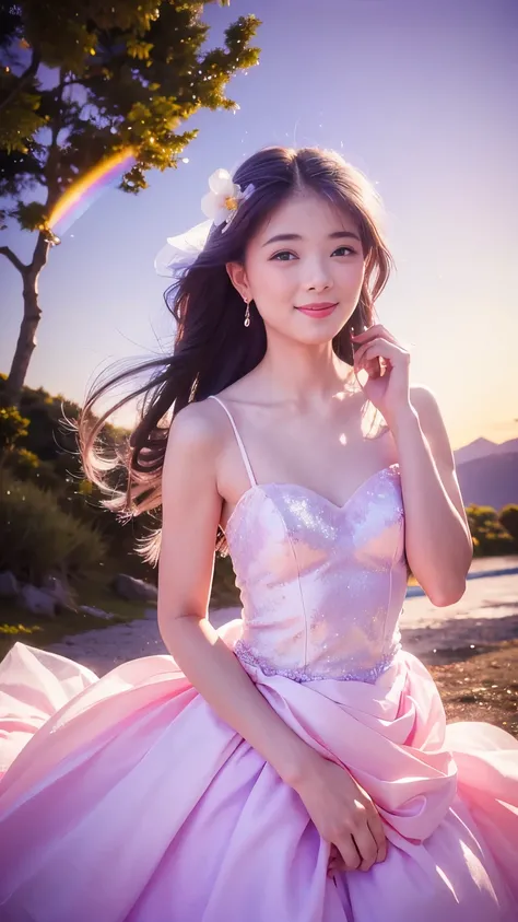 Wedding Dress , Lavender ,Flower ,Transparency ,Light , female in her 20s ,In nature ,Small breasts, peace , Rainbow , hair flower, smiles, Half Up Hairstyle, crystal earrings, glitter effect, wind