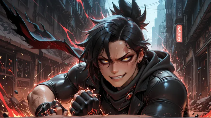 detailed 8k quality, detailed 16:9 aspect ratio. gender: male, chiseled jawline, sharp cheekbones, hooded eyes, piercing gaze, spiky windswept hair, muscular, broad-shouldered, veiny arms, battle scars, tattoos, hawk-like eyes, slitted pupils, glowing, lea...