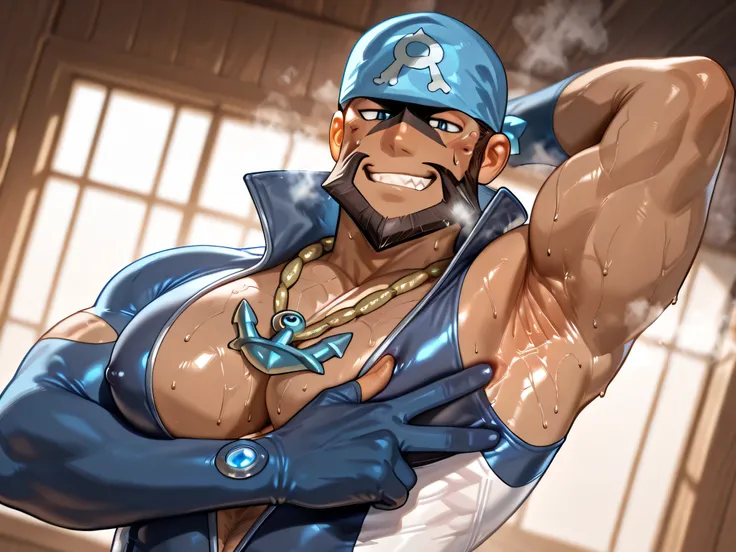 (archie-pkmn-ilxl), manly, masculine, mature, bara, muscular, strong jaw, defined muscles, facial hair, large pectorals, huge pectorals, bandana, anchor necklace, bodysuit, BREAK, v, spread armpit, presenting five fingers, armpit, arm up, armpit, lay hand ...