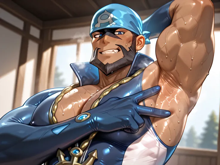 (archie-pkmn-ilxl), manly, masculine, mature, bara, muscular, strong jaw, defined muscles, facial hair, large pectorals, huge pectorals, bandana, anchor necklace, bodysuit, BREAK, v, spread armpit, presenting five fingers, armpit, arm up, armpit, lay hand ...