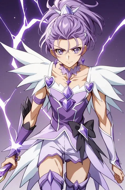 score 9 、score 8 up、score 7 up、source anime、masterpiece、of the best quality、high definition、anime coloring、1boy、cure sword outfit、close-up of a boy cartoon character with purple hair、high short ponytail hair、spade shape hair ornament、solo、portrait of Magic...