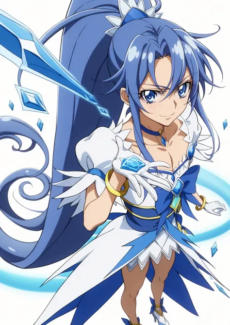 score 9 、score 8 up、score 7 up、source anime、masterpiece、of the best quality、high definition、anime coloring、1boy、cure diamond outfit、Close up of a blue-haired boy cartoon character、high long ponytail hair、dia shape hair ornament、solo、portrait of Magic Boy、B...