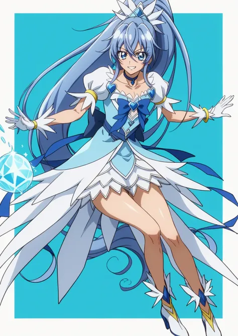 score 9 、score 8 up、score 7 up、source anime、masterpiece、of the best quality、high definition、anime coloring、1boy、boy wearing cure diamond outfit、Close up of a blue-haired boy cartoon character、high long ponytail hair、dia shape hair ornament、solo、portrait of...
