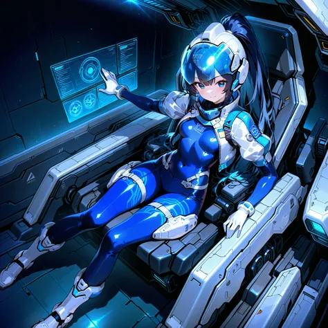 (( holographic glossy effect)),(masterpiece、top quality、highest resolution、 clear _ images、 Detailed Details 、 The angle is from above ): (solo、one girl、the face of Japan、high ponytail、Dark Blue Haired Girl 、small breasts in Mbini、（perfect body：1.4）、 spark...