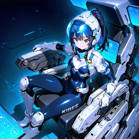 (( holographic glossy effect)),(masterpiece、top quality、highest resolution、 clear _ images、 Detailed Details 、 The angle is from above ): (solo、one girl、the face of Japan、high ponytail、Dark Blue Haired Girl 、small breasts in Mbini、(perfect body:1.4)、 spark...